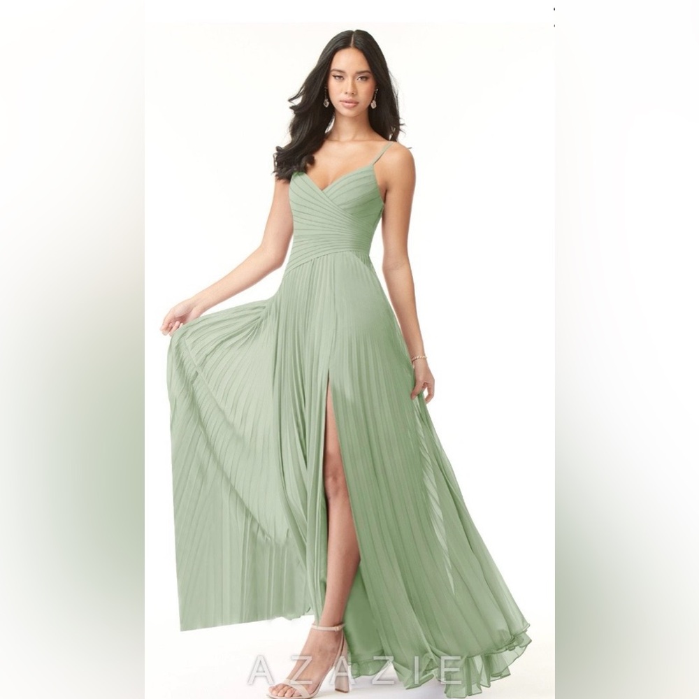 Azazie Vini Dusty Sage A-line V-neck Pleated Chiffon Dress